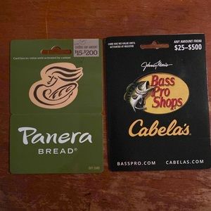 Unused gift cards to Panera and Bass Pro—25$ each